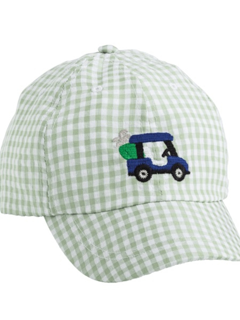 Mudpie Toddler NWT Light Green Gingham Baseball Cap with Golf Cart Embroidery